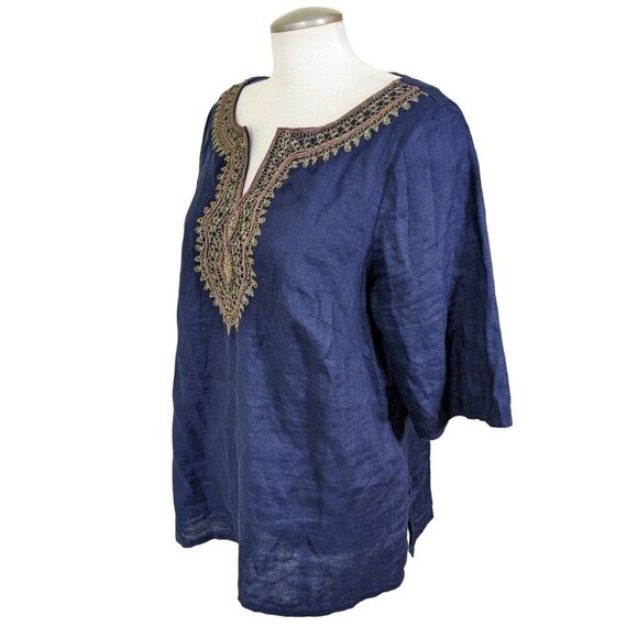 Saint Tropez West Womens Top 100% Linen Size 1X Navy Embroidered Elbow Sleeve - Picture 3 of 6